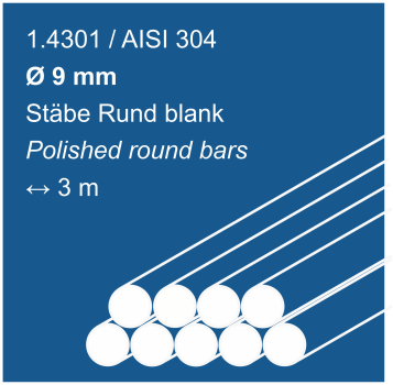 Edelstahlstäbe aus 1.4301 (304), 9 mm Durchmesser, 3000 mm lang, auf blauem Hintergrund abgebildet